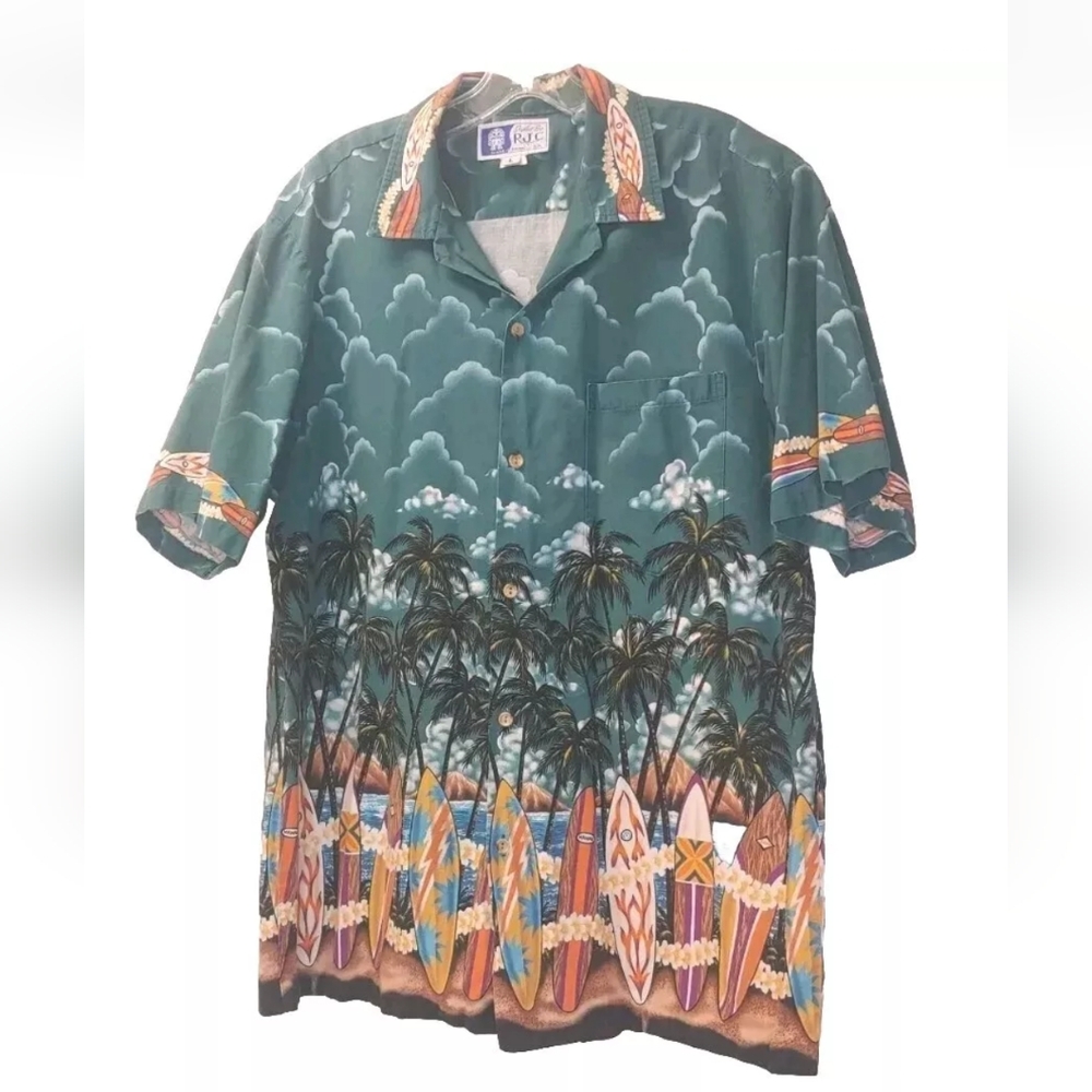 RJC Hawaiian Shirt L 44 USA Vtg Vacation Tropical Beach Surfer Surfboards Green